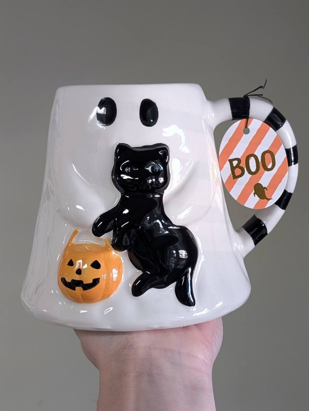 Sweetly Spooky Oversized Sculpted Ghost Mug with Black Cat Friend 🐈‍⬛👻